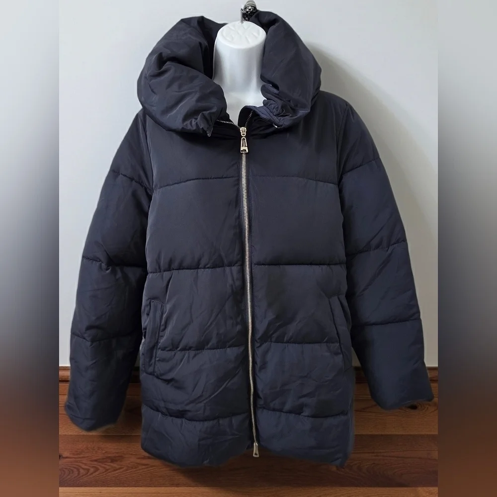 ZARA Down Navy Blue Funnel Neck Water Repellant Hooded Puffer Anorak Coat